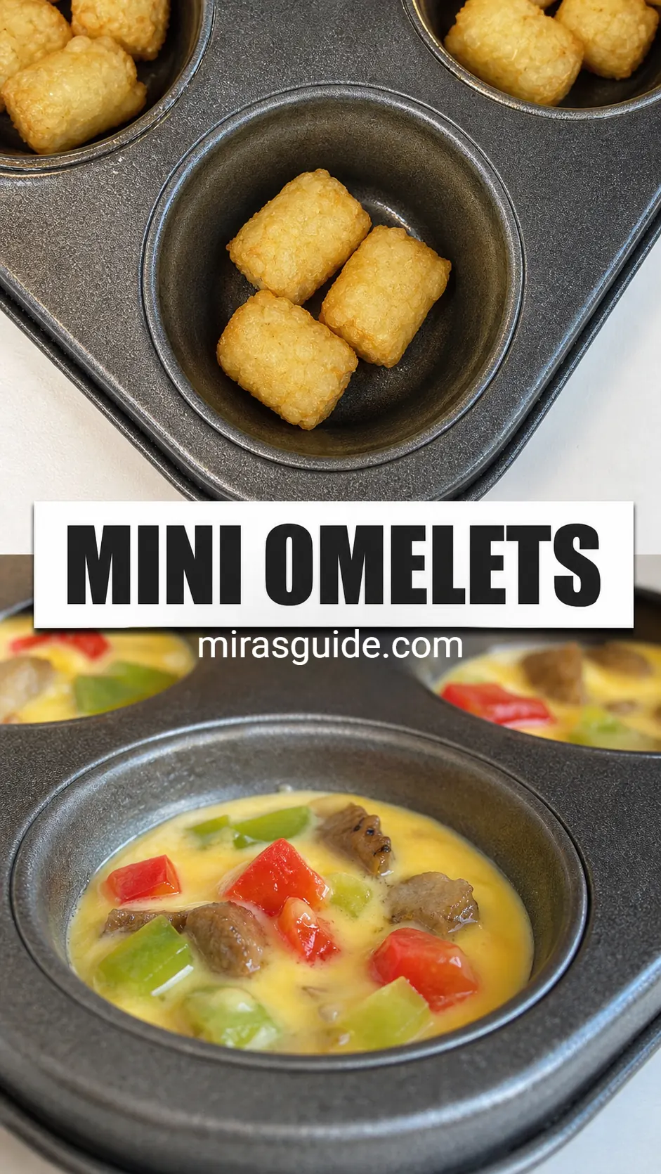 Mini breakfast omelets with tater tot crust, sausage, and peppers in a muffin pan