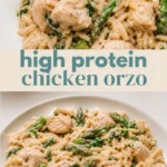 Creamy high protein chicken orzo with asparagus served on a white plate