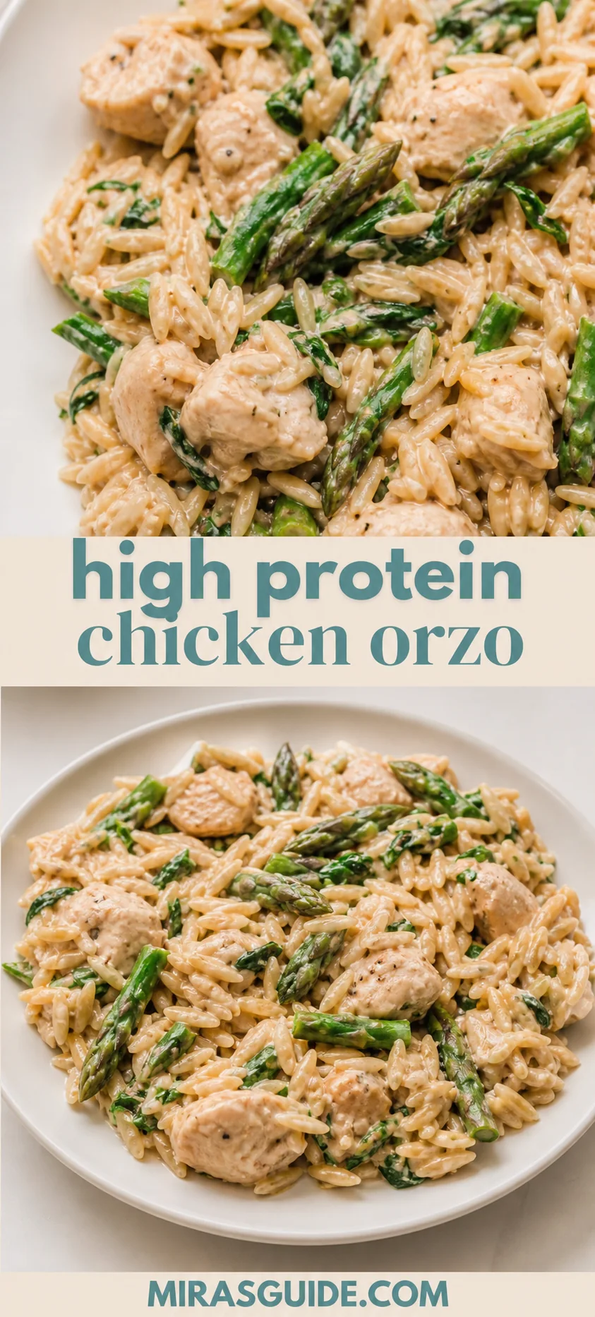 Creamy high protein chicken orzo with asparagus served on a white plate