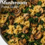 Parmesan spinach mushroom pasta skillet with farfalle in a white bowl