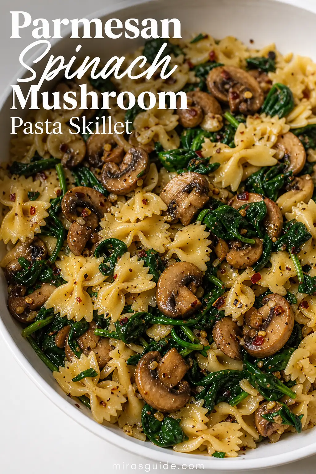 Parmesan spinach mushroom pasta skillet with farfalle in a white bowl