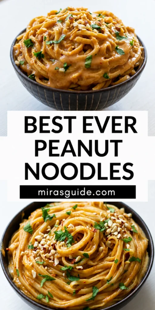Bowl of peanut noodles with chopped peanuts and cilantro