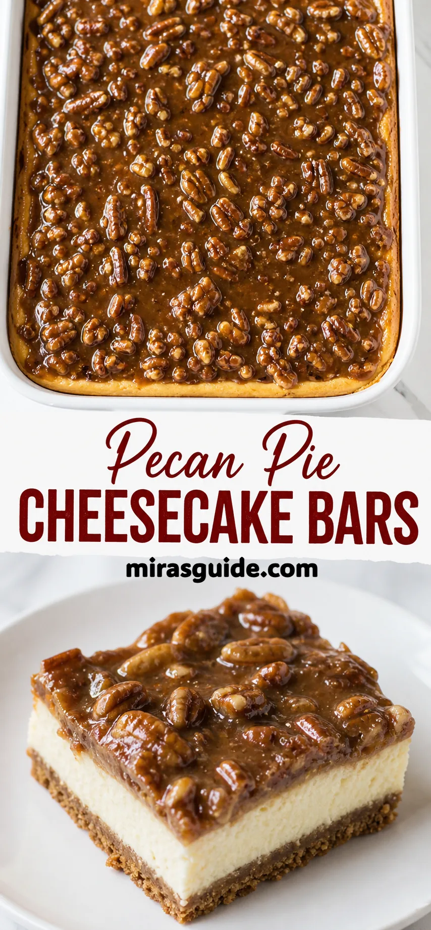 Pecan pie cheesecake bars with caramel pecan topping