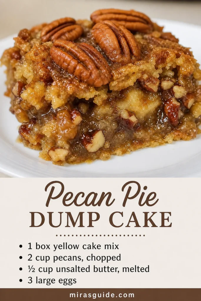 Pecan pie dump cake slice topped with pecan halves