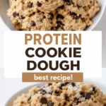 Protein cookie dough in a bowl with chocolate chips and flaky salt
