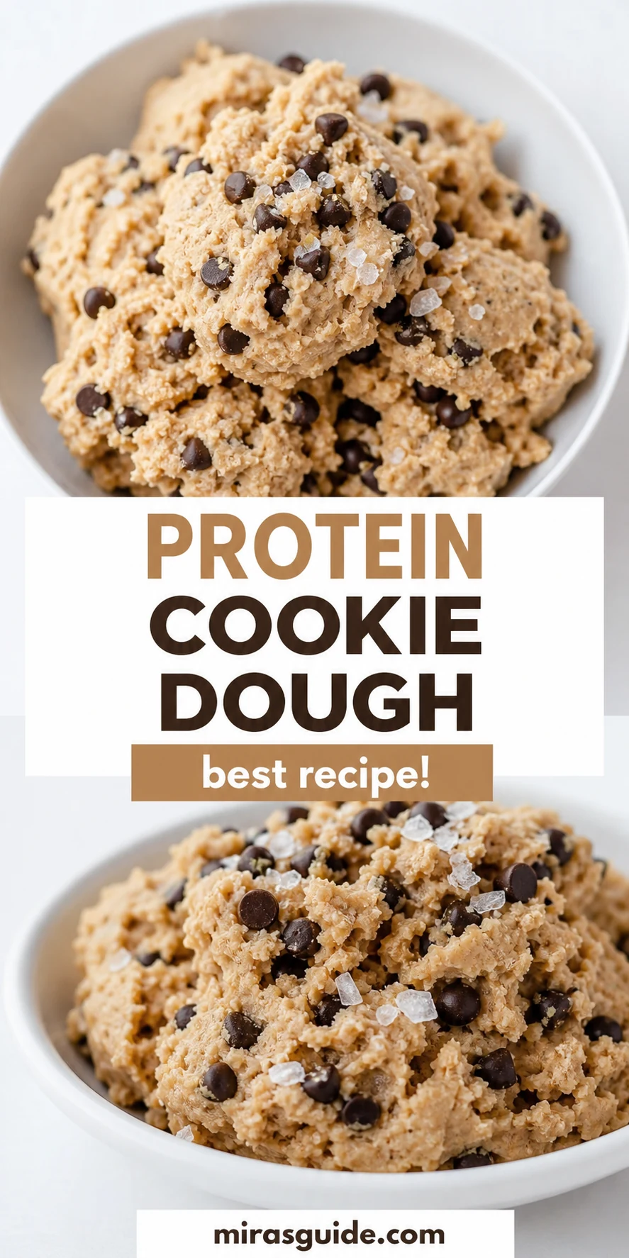 Protein cookie dough in a bowl with chocolate chips and flaky salt