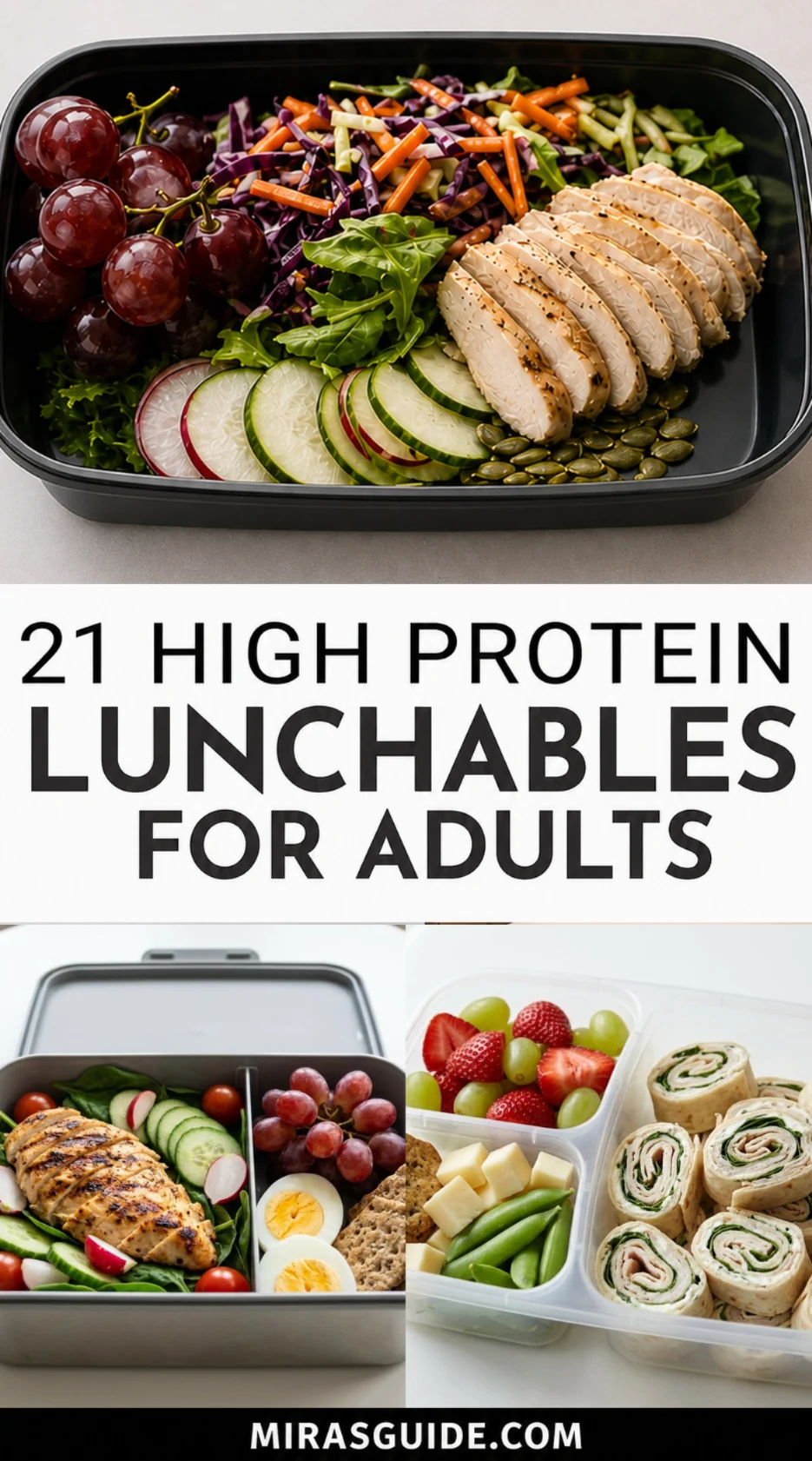 High protein lunchables for adults with grilled chicken salad boxes, fruit, cheese, and turkey pinwheels