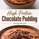 High protein chocolate pudding in a bowl with chocolate shards