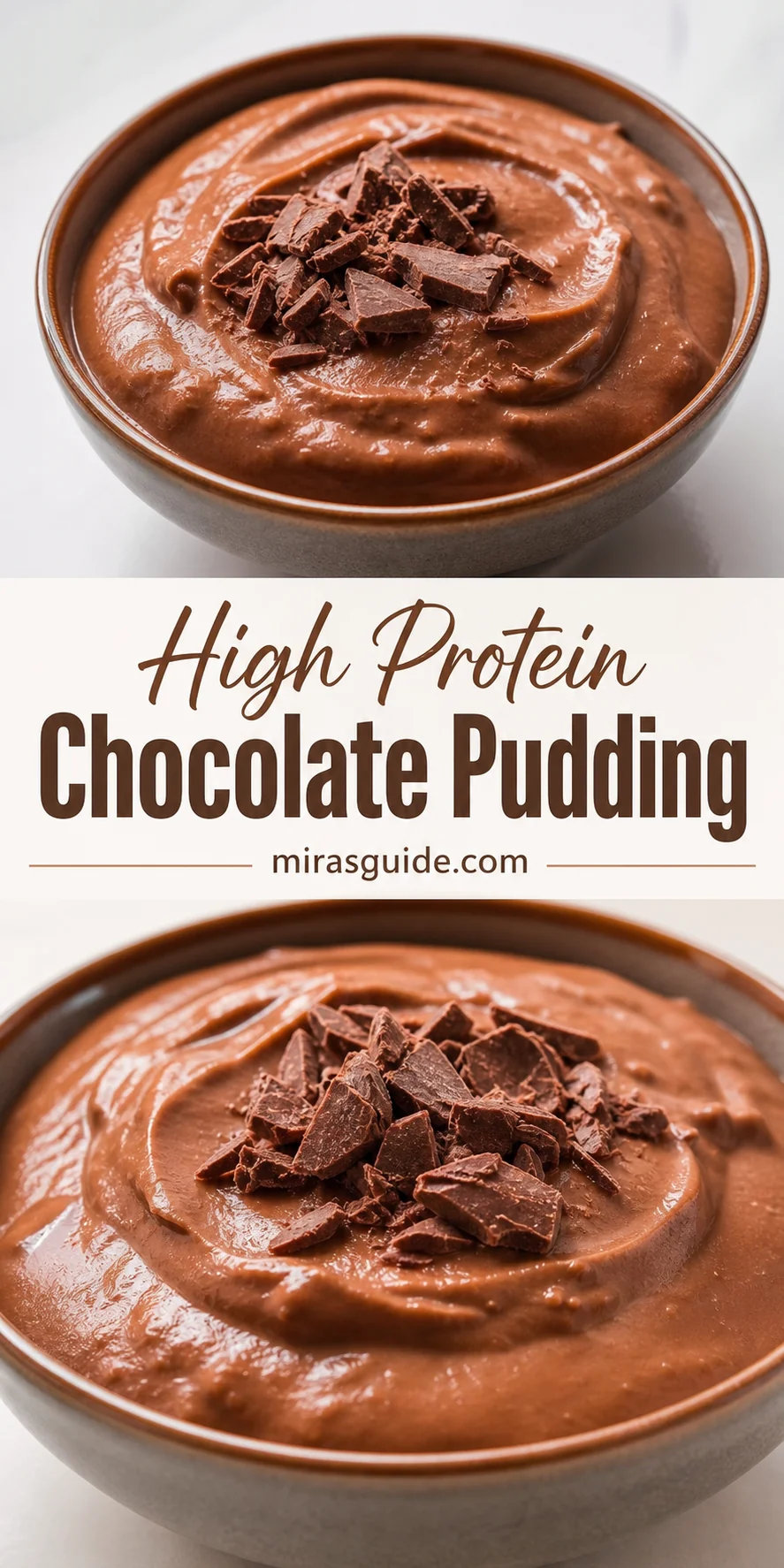 High protein chocolate pudding in a bowl with chocolate shards