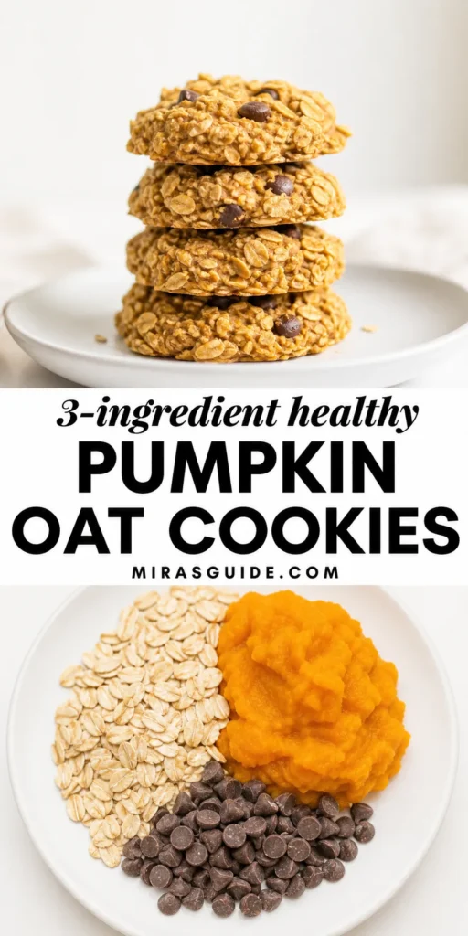 3-ingredient pumpkin oat cookies with chocolate chips stacked on a plate