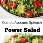 Quinoa avocado spinach power salad with tomatoes in a white bowl