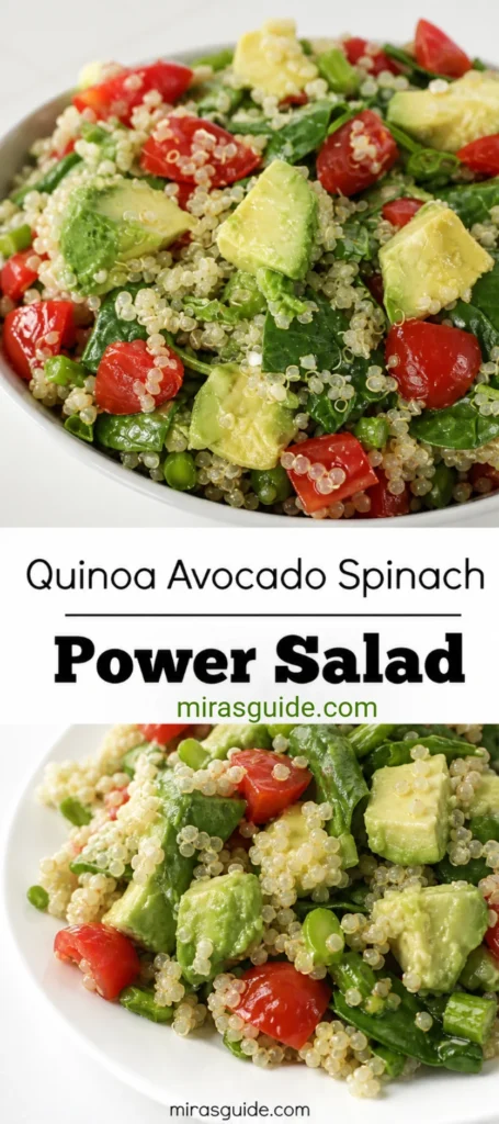 Quinoa avocado spinach power salad with tomatoes in a white bowl
