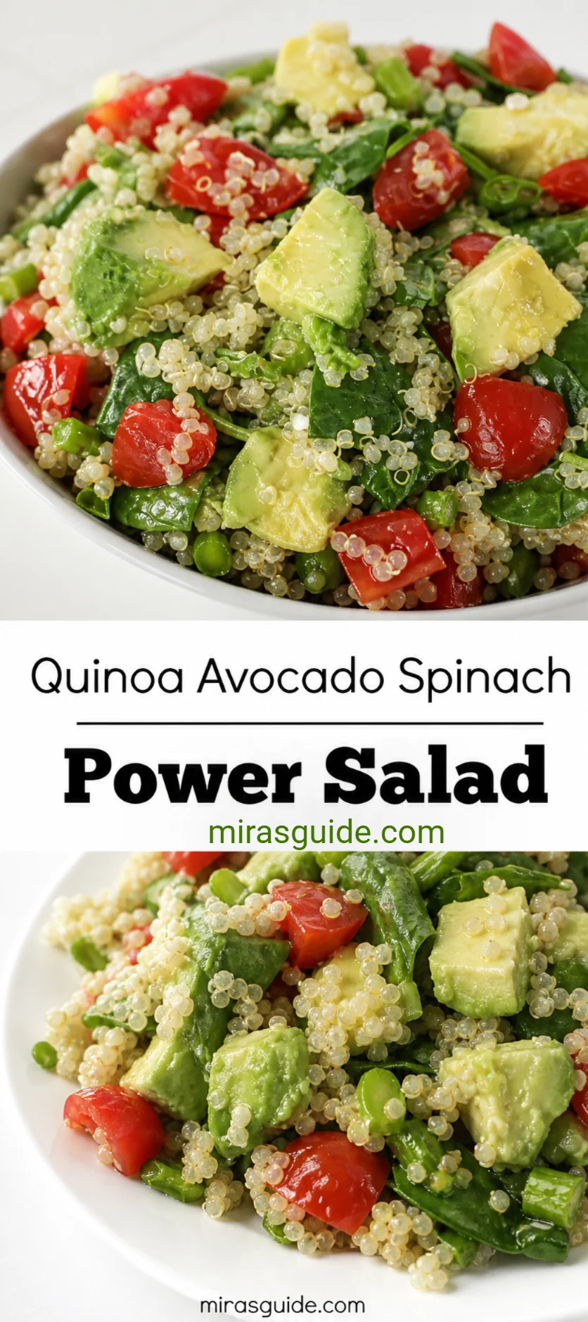 Quinoa avocado spinach power salad with tomatoes in a white bowl