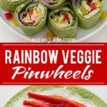 Rainbow veggie pinwheels sliced on a plate with peppers, spinach, and cabbage