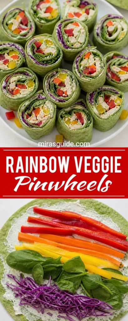 Rainbow veggie pinwheels sliced on a plate with peppers, spinach, and cabbage
