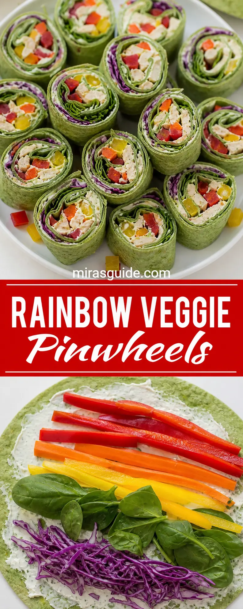 Rainbow veggie pinwheels sliced on a plate with peppers, spinach, and cabbage
