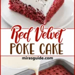 Red velvet poke cake with cheesecake pudding, whipped topping and crushed Oreos