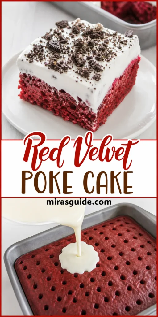 Red velvet poke cake with cheesecake pudding, whipped topping and crushed Oreos