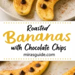 Roasted cinnamon bananas with chocolate chips bubbling in a baking dish