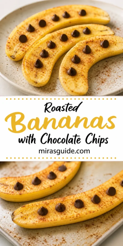 Roasted cinnamon bananas with chocolate chips bubbling in a baking dish