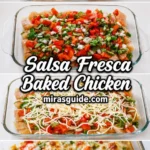 Salsa fresca chicken bake with tomatoes, jalapeño, and melted mozzarella in a glass dish