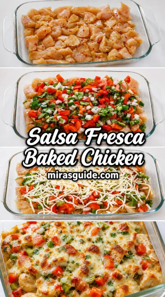 Salsa fresca chicken bake with tomatoes, jalapeño, and melted mozzarella in a glass dish