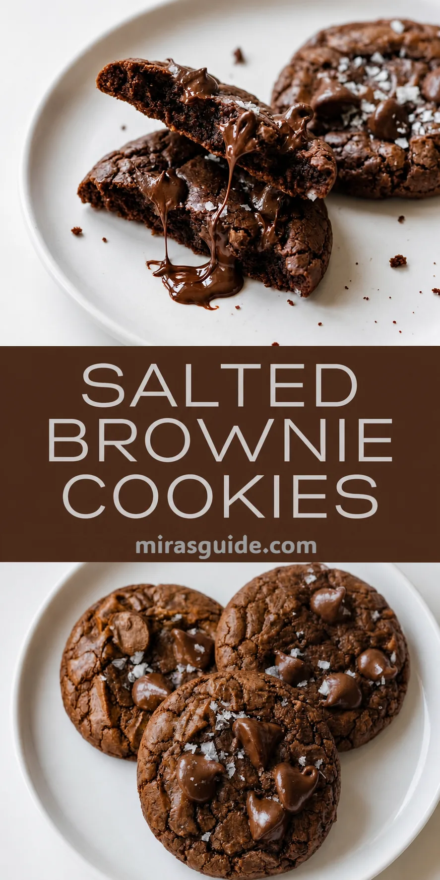 Salted brownie crinkle cookies broken open with molten chocolate and sea salt flakes