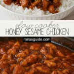 Slow cooker honey sesame chicken over rice with sesame seeds and green onion