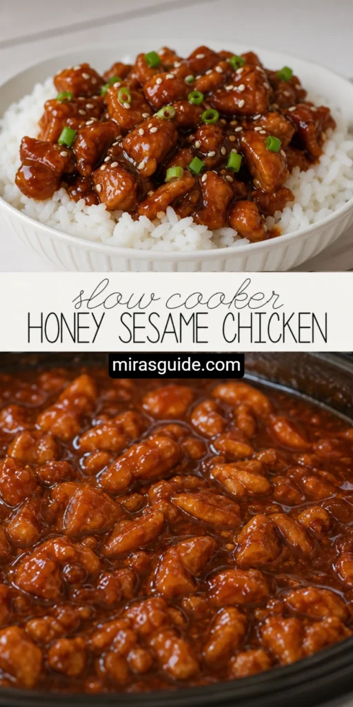 Slow cooker honey sesame chicken over rice with sesame seeds and green onion