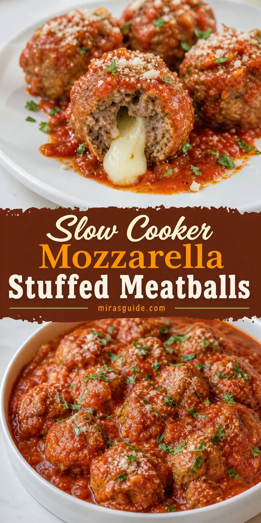 Slow cooker mozzarella stuffed meatballs in marinara with melted cheese center