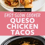 Slow cooker queso chicken tacos and shredded filling in the cooker