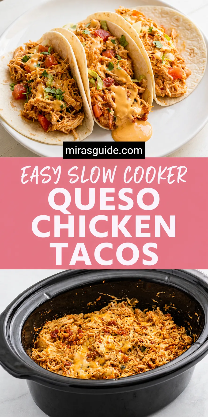 Slow cooker queso chicken tacos and shredded filling in the cooker