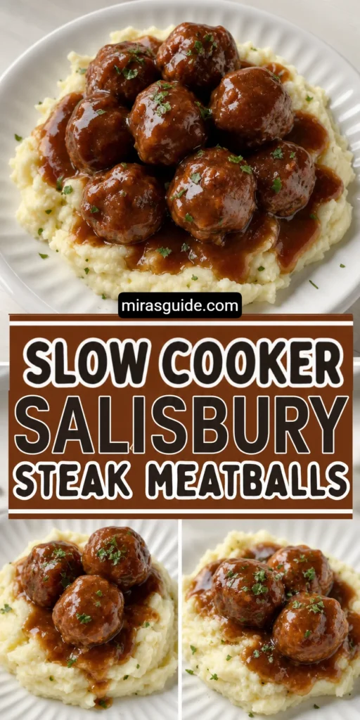 Slow cooker Salisbury steak meatballs in gravy over mashed potatoes