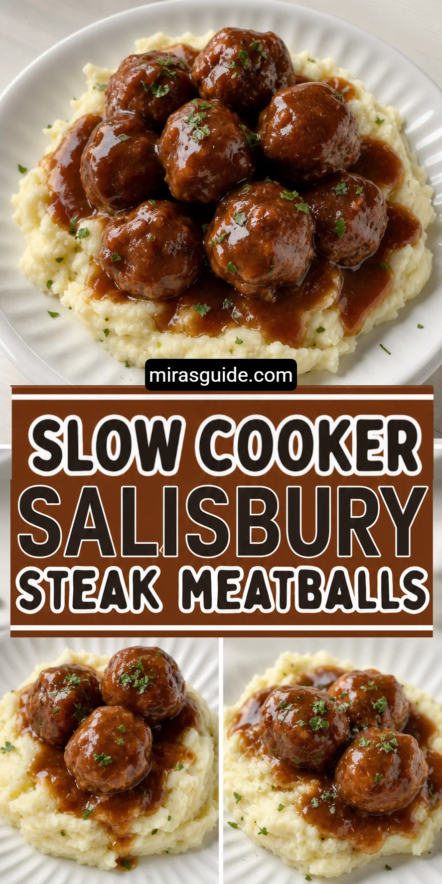 Slow cooker Salisbury steak meatballs in gravy over mashed potatoes