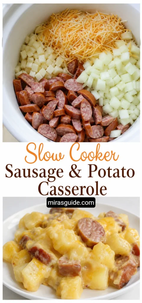 Slow cooker sausage and potato casserole with kielbasa, hash browns, and cheddar