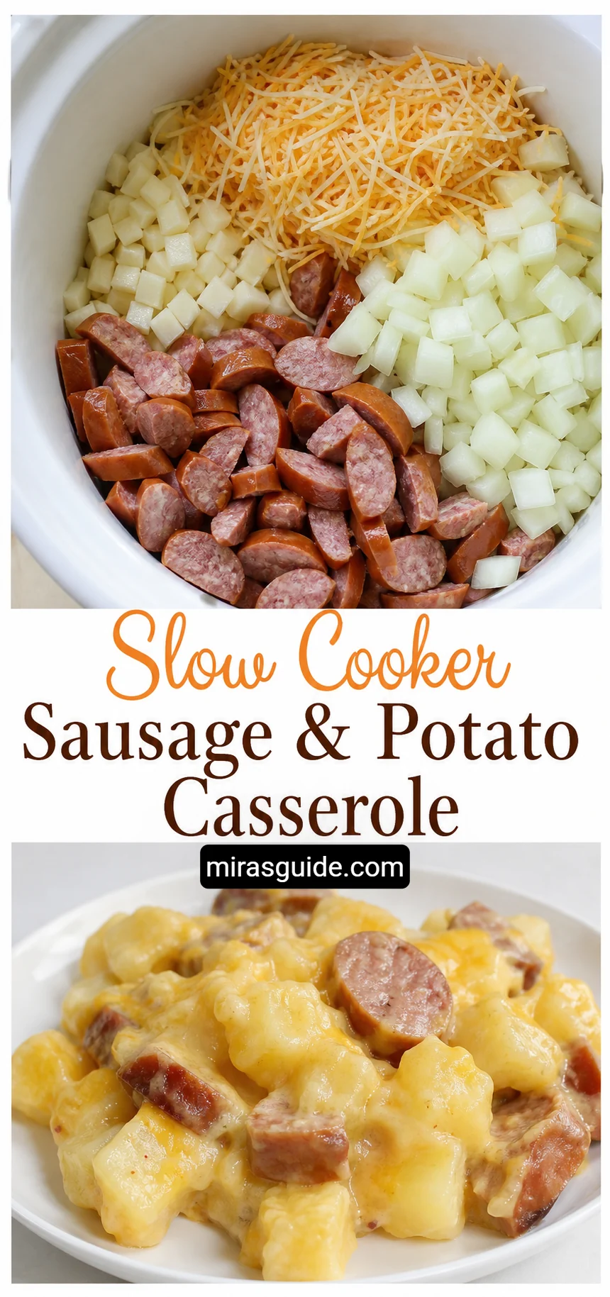 Slow cooker sausage and potato casserole with kielbasa, hash browns, and cheddar