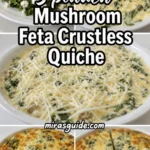 Spinach mushroom feta crustless quiche sliced in a pie dish