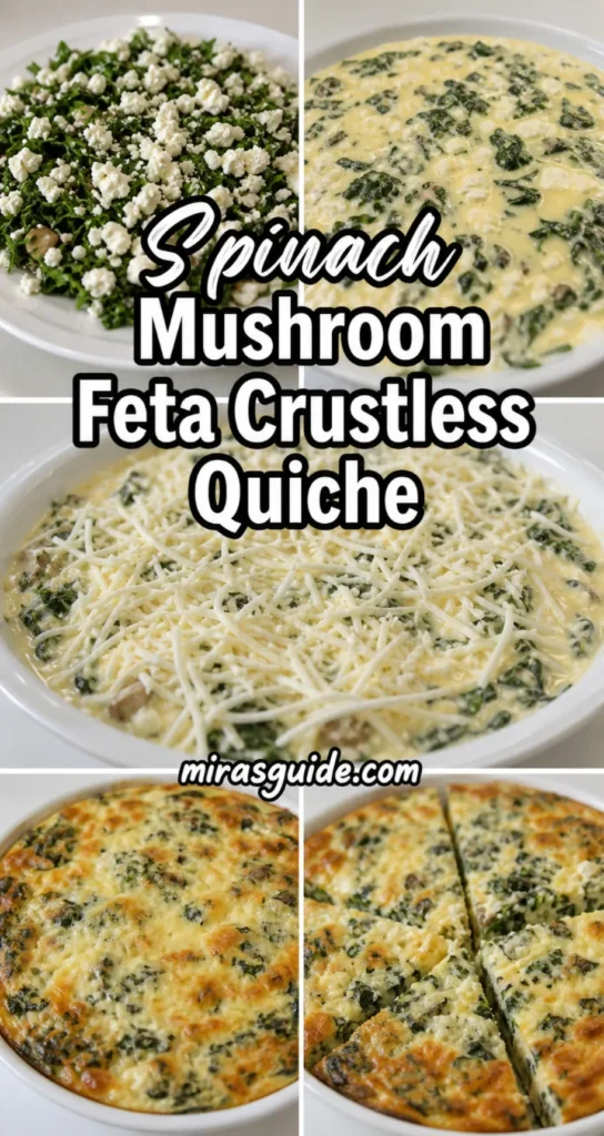 Spinach mushroom feta crustless quiche sliced in a pie dish
