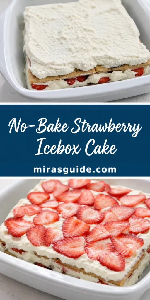 No-bake strawberry icebox cake layered with graham crackers and whipped topping