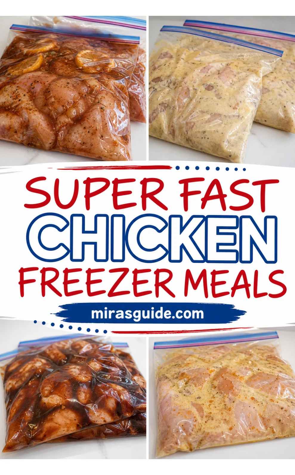 Collage of chicken freezer meal bags for super fast chicken freezer meals