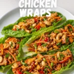 Teriyaki chicken lettuce wraps with carrots, peppers, and cashews in butter lettuce