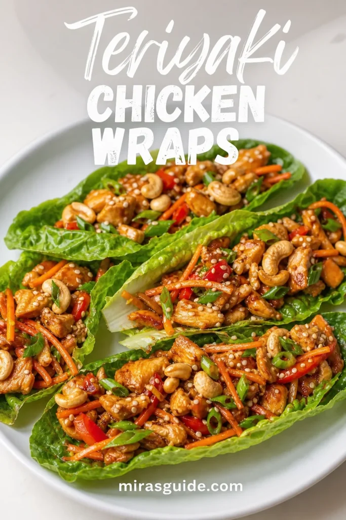 Teriyaki chicken lettuce wraps with carrots, peppers, and cashews in butter lettuce
