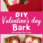 Valentine's day pretzel candy bark with piped white chocolate hearts