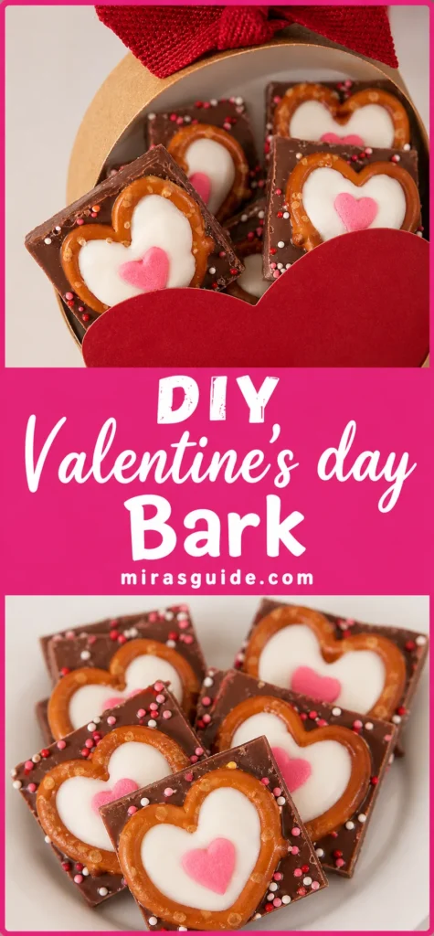 Valentine's day pretzel candy bark with piped white chocolate hearts