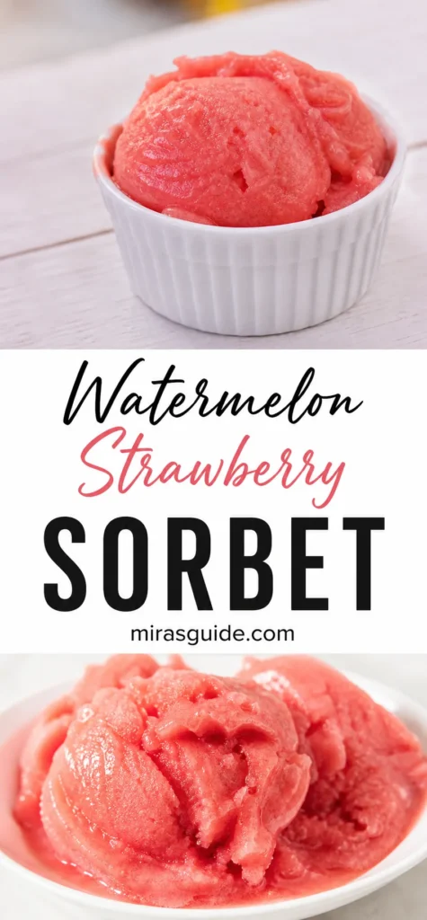 Watermelon strawberry sorbet scooped in a white ramekin