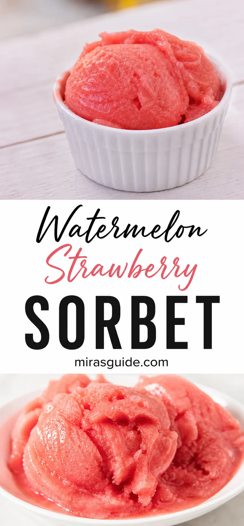 Watermelon strawberry sorbet scooped in a white ramekin