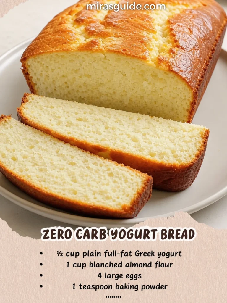 Sliced zero carb yogurt bread loaf made with Greek yogurt, almond flour, and eggs